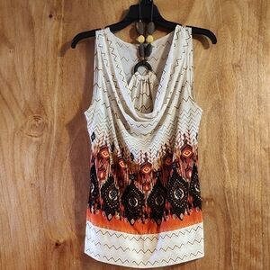 Cato Cowl Neck Tank Halter Tie-Neck Cream Orange Brown Beaded Ikat Chevron Med